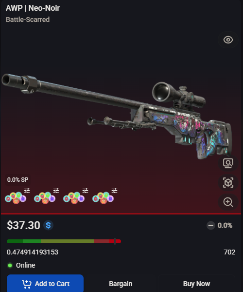 CSFloat AWP listing showing the Bargain button beside Add to Cart and Buy Now