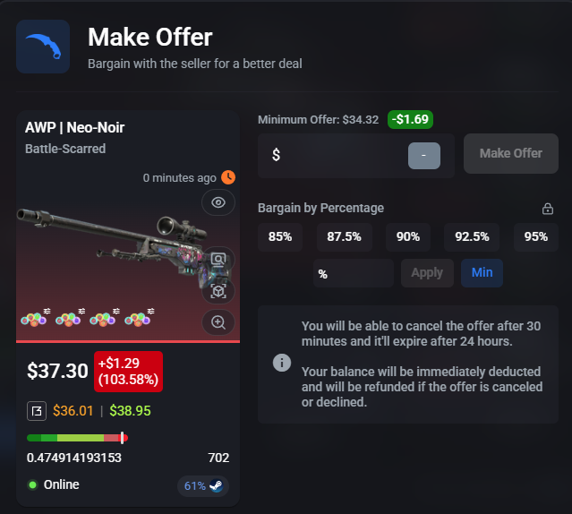 CSFloat Make Offer screen showing the seller minimum offer and the 30-minute cancellation and 24-hour expiration notice