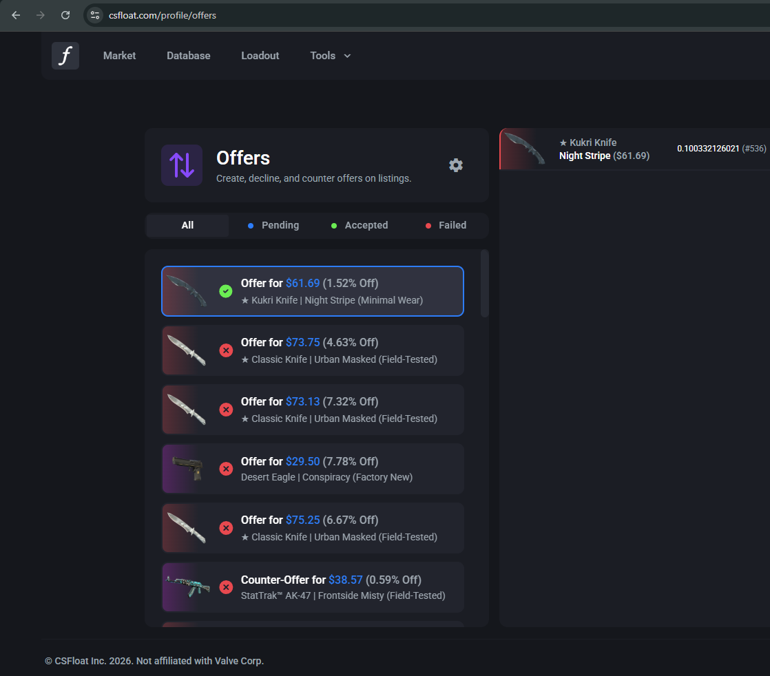 CSFloat Offers page showing pending, accepted, and failed offers